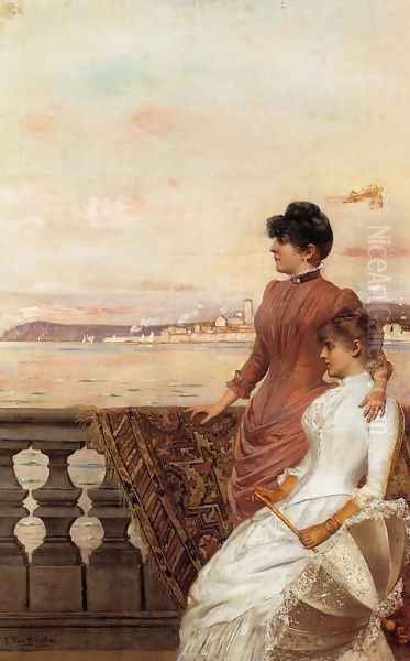 On the Balcony Oil Painting by Georges Van den Bos