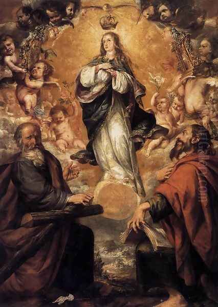 Virgin of the Immaculate Conception with Sts Andrew and John the Baptist 1650-52 Oil Painting by Juan De Valdes Leal