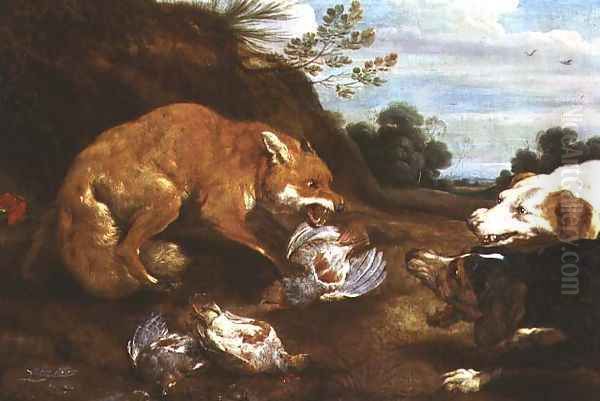 Fox and hounds fighting over partridges Oil Painting by Paul de Vos