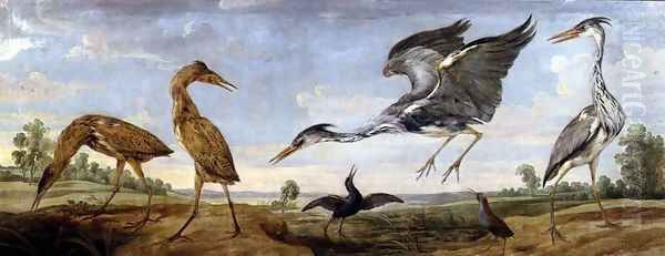 Bitterns, Herons and Water Rails in a Landscape Oil Painting by Paul de Vos