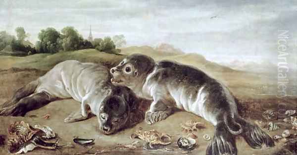 Two Young Seals on the Shore, c.1650 Oil Painting by Paul de Vos