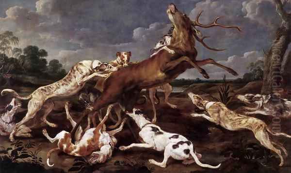 Stag Hunt Oil Painting by Paul de Vos