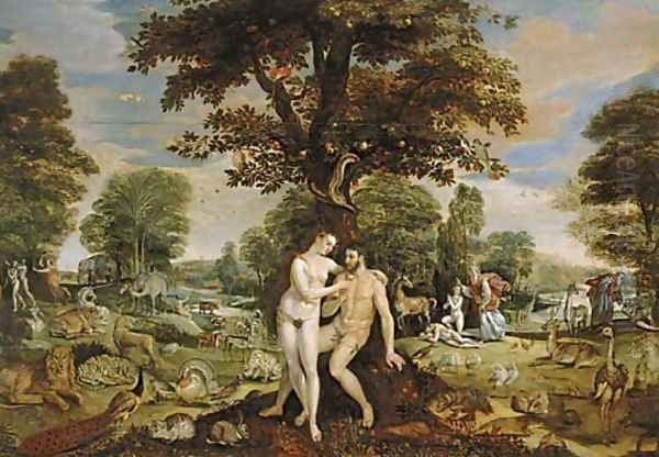 The Garden of Eden, with the Fall of Man, the Creation of Eve, and the Expulsion from the Garden Oil Painting by Maarten de Vos