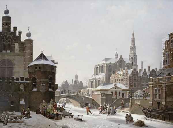 A Capriccio View of a Town with Figures on a Frozen Canal Oil Painting by Jan Hendrik Verheyen