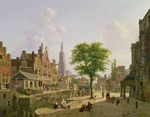 Dutch town scene with canal Oil Painting by Jan Hendrik Verheyen