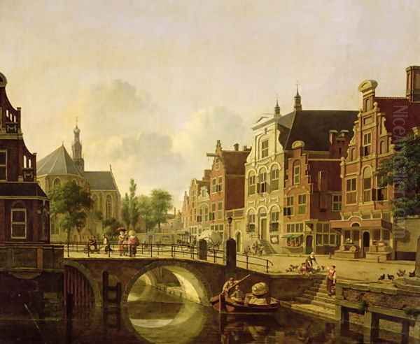 Dutch town scene with canal, figures and a church Oil Painting by Jan Hendrik Verheyen