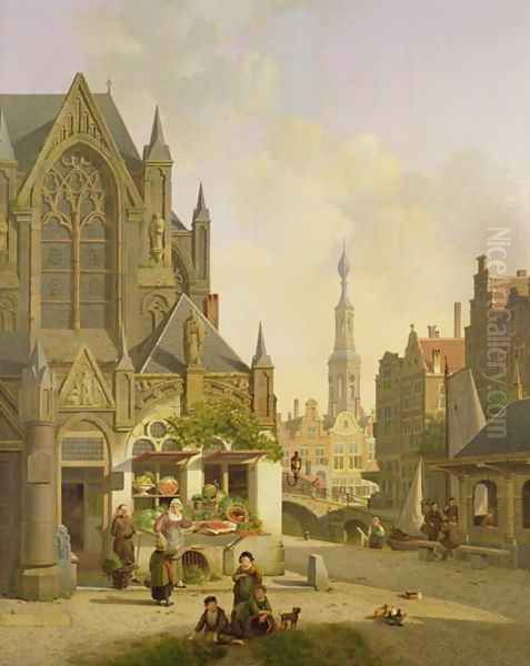 Vegetable stall in a Dutch town Oil Painting by Jan Hendrik Verheyen