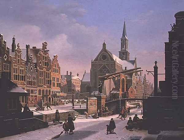 Town Scene in Winter Oil Painting by Jan Hendrik Verheyen