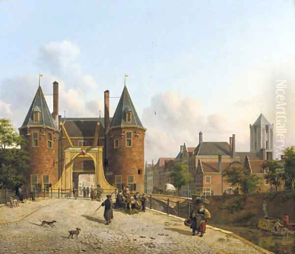 View of the Weerdpoort in Utrecht with the St. Jacobskerk in the distance Oil Painting by Jan Hendrik Verheyen