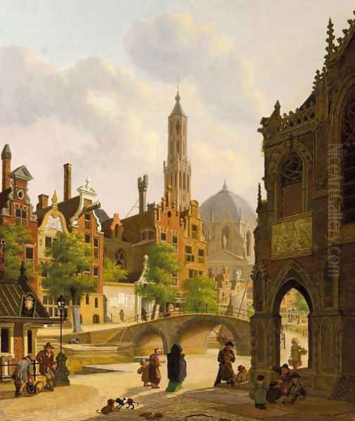 Figures by a church in a town, a canal beyond Oil Painting by Jan Hendrik Verheyen