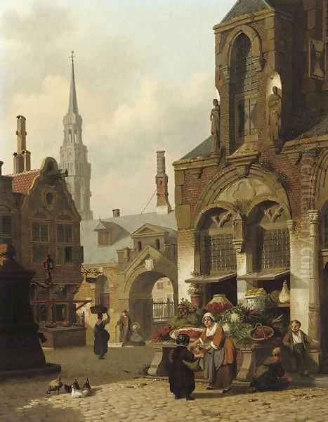 A market stall in a sunlit street Oil Painting by Jan Hendrik Verheyen