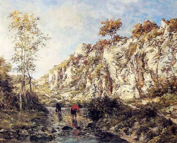 Figures In A Rocky Stream Oil Painting by Isidore Verheyden