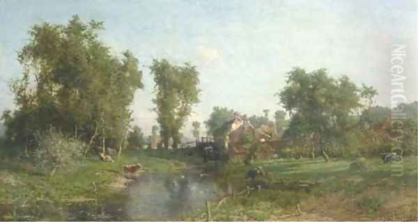 Summer landscape with cows grazing by a watermill Oil Painting by Isidore Verheyden