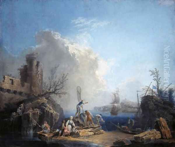 Seascape with Fisherman on a Rocky Shore Oil Painting by Pierre-Jacques Volaire