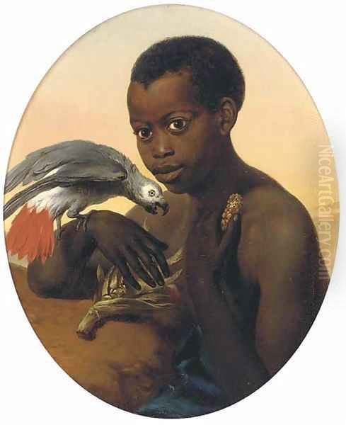 A boy and his African grey Oil Painting by Charles Verlat