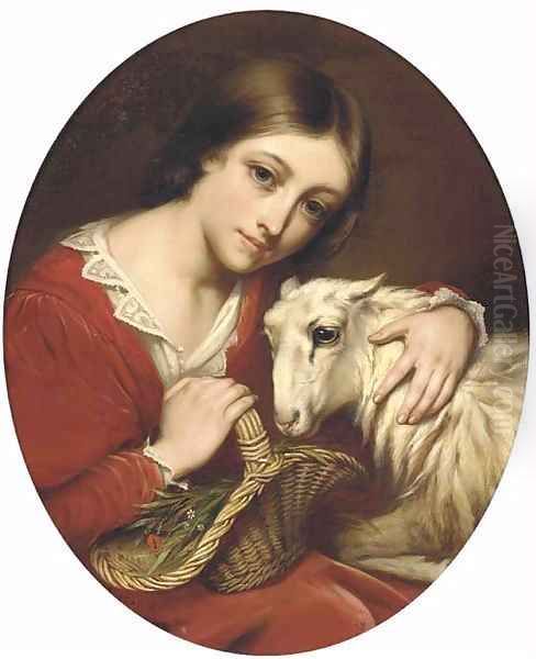 A young girl with a sheep Oil Painting by Charles Verlat