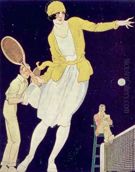 Tennis with Mademoiselle Suzanne Lenglen 1899-1938, illustration from La Vie au Grand Air, 1921 Oil Painting by Rene Vincent