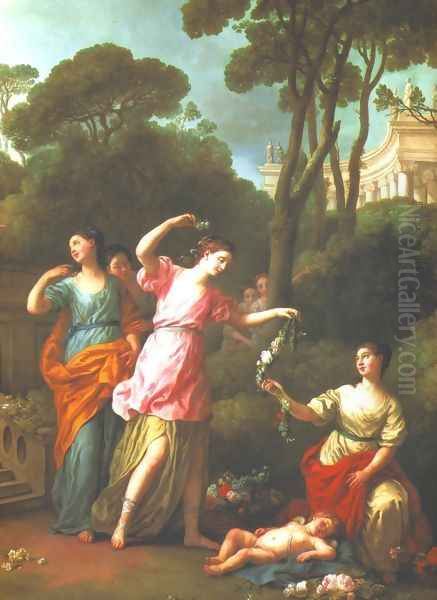 Young Greek Maidens Deck Sleeping Cupid With Flowers Oil Painting by Joseph-Marie Vien