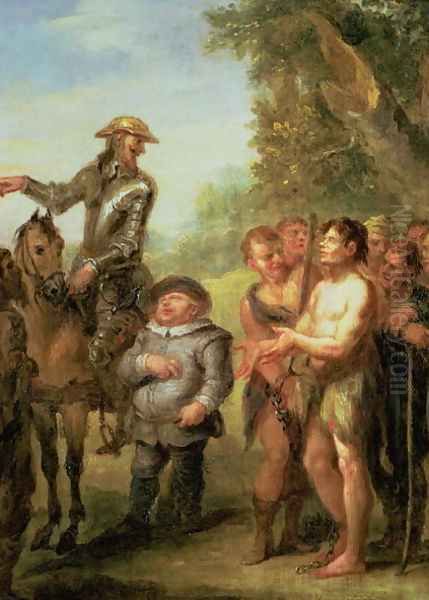 Don Quixote frees the galley slaves, from Cervantes Don Quixote Oil Painting by John Vanderbank