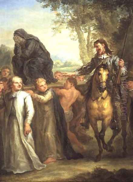 Don Quixote mistakes a statue of the Virgin Mary, being carried in procession, as a woman taken against her will, from Cervantes Don Quixote Oil Painting by John Vanderbank