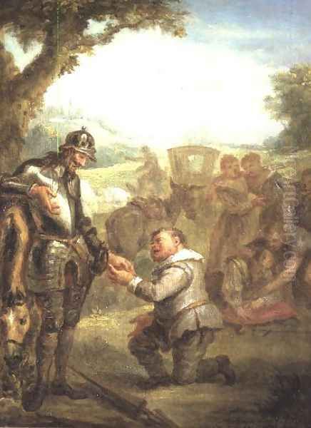 Don Quixote after the duel with the brave Biscayan, leans on his horse Rosinante, while Sancho Panchez asks for the governorship of the island of Barataria, scene from Cervantes Don Quixote Oil Painting by John Vanderbank