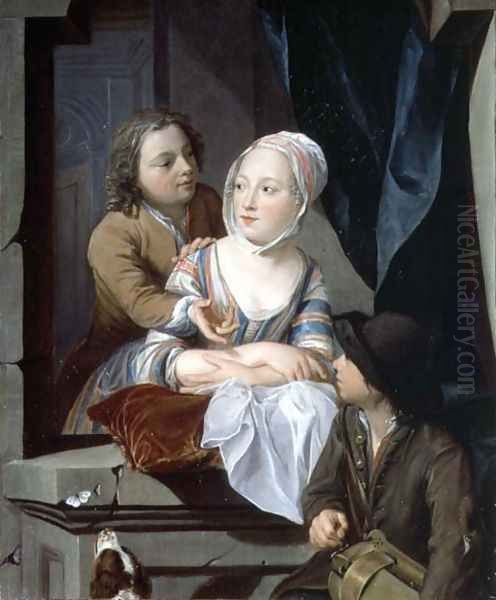 Lovers at a window Oil Painting by Nicolaes Verkolje