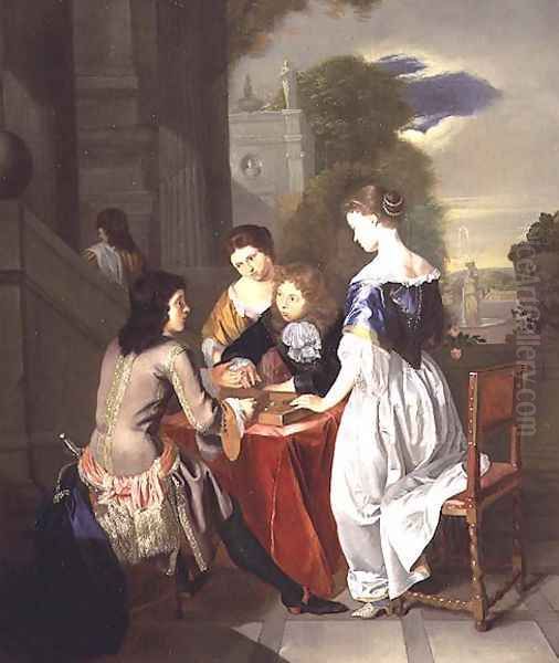 Elegant Company playing backgammon Oil Painting by Nicolaes Verkolje