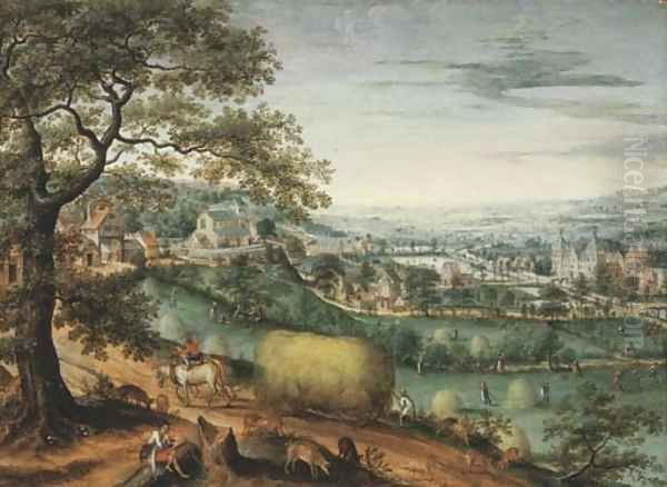 An extensive river landscape with peasants haymaking, a view of Arenberg Castle beyond Oil Painting by Marten Van Valckenborch I