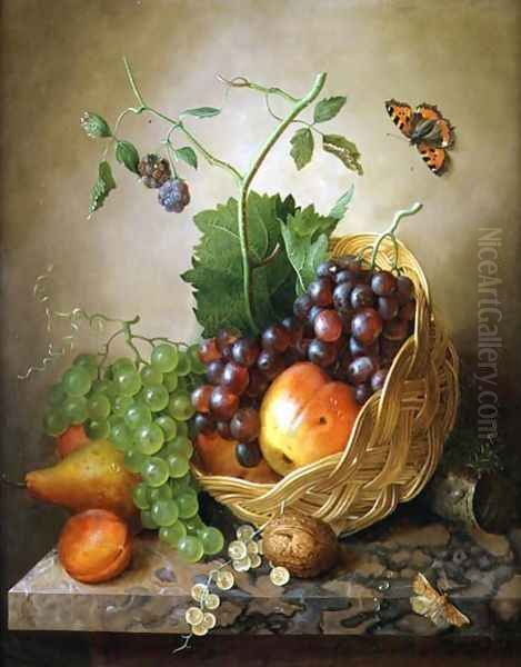 A Basket of grapes and apples on a marble ledge Oil Painting by Willem Verbeet