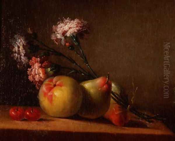 Carnations, pears, cherries and apple on a table Oil Painting by Anne Vallayer-Coster