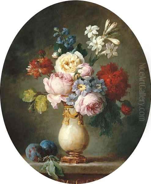 A vase of flowers and two plums on a marble tabletop Oil Painting by Anne Vallayer-Coster