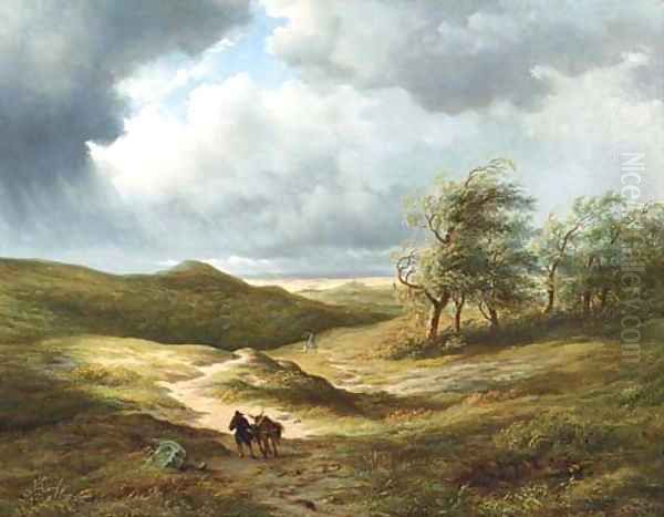 After the storm travellers on a path in an extensive undulating landscape Oil Painting by Hendrik-Dirk Kruseman van Elten