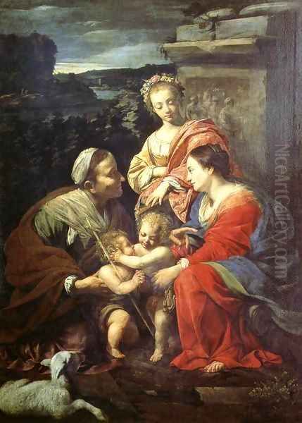 The Holy Family with Sts Elizabeth, John the Baptist and Catherine Oil Painting by Simon Vouet