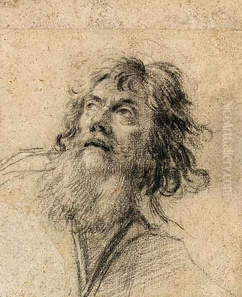 The Head of a bearded Man, looking up to the left Oil Painting by Simon Vouet