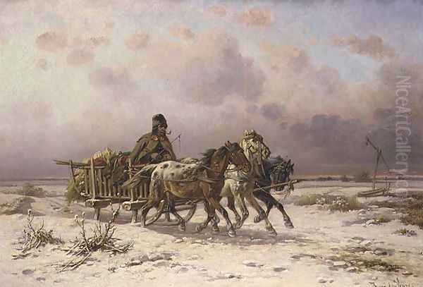 A peasant in a sledge driving three horses Oil Painting by Adolf van der Venne