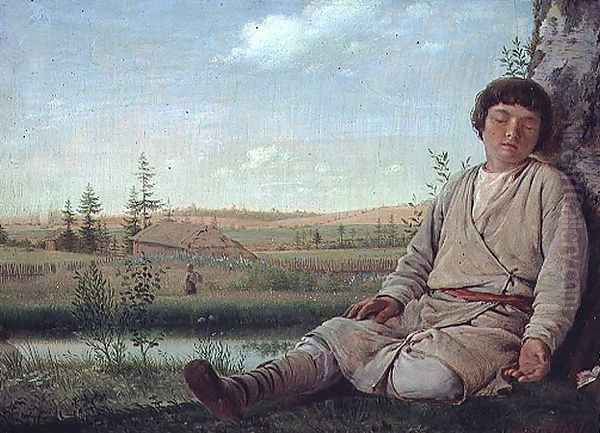 Sleeping Shepherd Boy, 1823-26 Oil Painting by Aleksei Gavrilovich Venetsianov