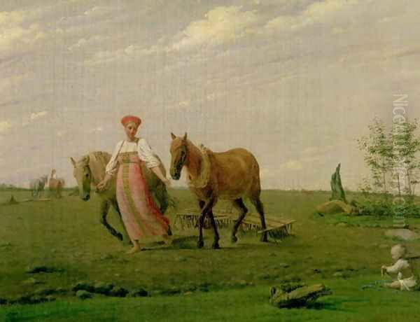 Ploughing in Spring, 1820s Oil Painting by Aleksei Gavrilovich Venetsianov