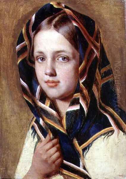 Girl in a Shawl Oil Painting by Aleksei Gavrilovich Venetsianov