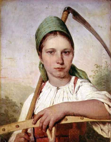 Peasant Woman with a Scythe and Rake, c.1825 Oil Painting by Aleksei Gavrilovich Venetsianov