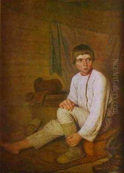 Peasant Boy Putting On Bast Sandals 1823-1827 Oil Painting by Aleksei Gavrilovich Venetsianov