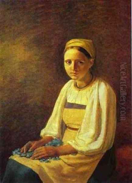 Girl With The Cornflowers 1820s Oil Painting by Aleksei Gavrilovich Venetsianov