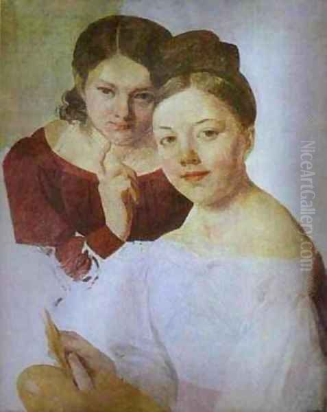 Portrait Of Artists Daughters Alexandra And Felisata 1830s Oil Painting by Aleksei Gavrilovich Venetsianov