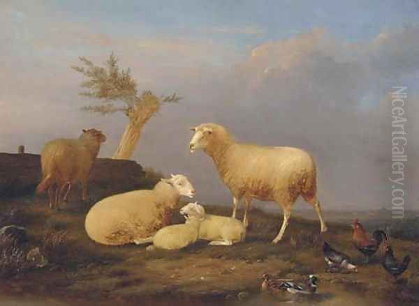 Sheep and poultry at the pond Oil Painting by Franz van Severdonck