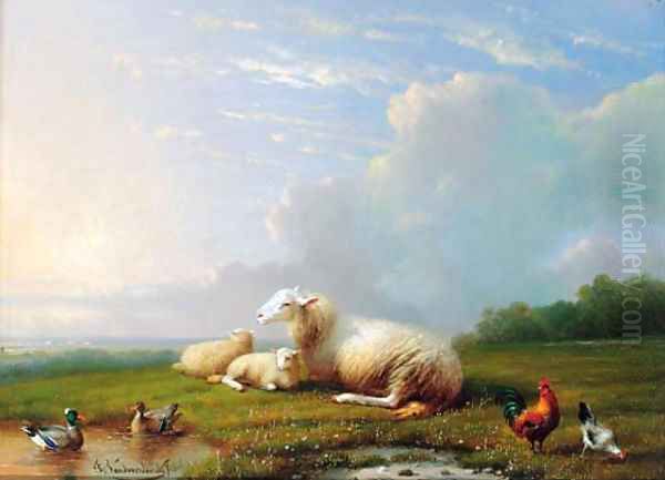 Sheep grazing with chickens and ducks Oil Painting by Franz van Severdonck