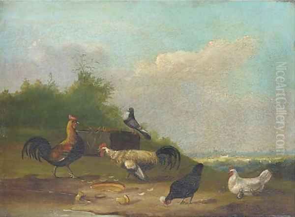 Hens and a pigeon in a landscape Oil Painting by Franz van Severdonck