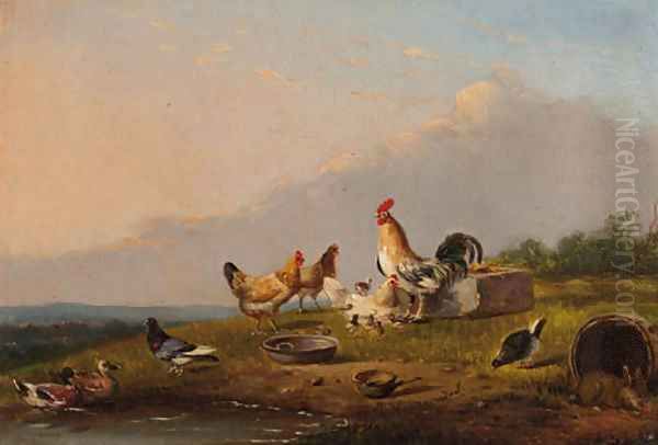 Poultry in a meadow Oil Painting by Franz van Severdonck