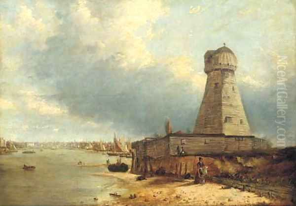 A view of Lowestoft lighthouse, with figures in the foreground and the Stanford Channel beyond Oil Painting by George Vincent