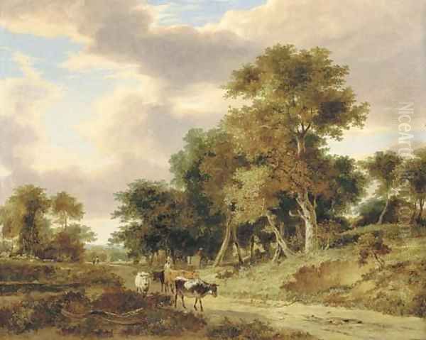 View in the Valley of the Yare, with a drover and cattle on a track by George Vincent