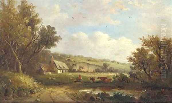 Cattle and figures before a cottage Oil Painting by George Vincent