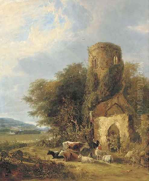 Figures and livestock by the ruins of St. Andrew's at Whitlingham Oil Painting by George Vincent